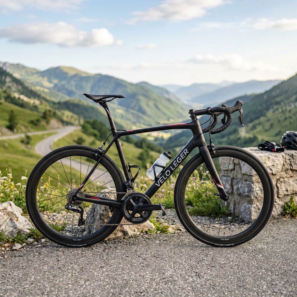 Black Velo Léger road bike with water bottle parked on a mountain road